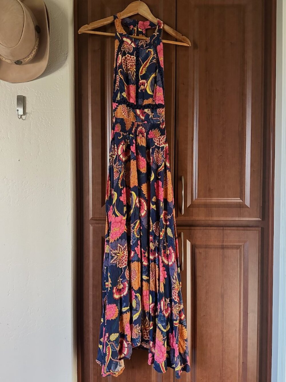 Jaase Women's Boho Floral Halter Maxi Dress Navy Pink Orange Floral Size M